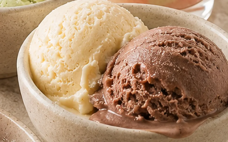 Bola de helado de mantecado y bola de helado de chocolate en un tazón