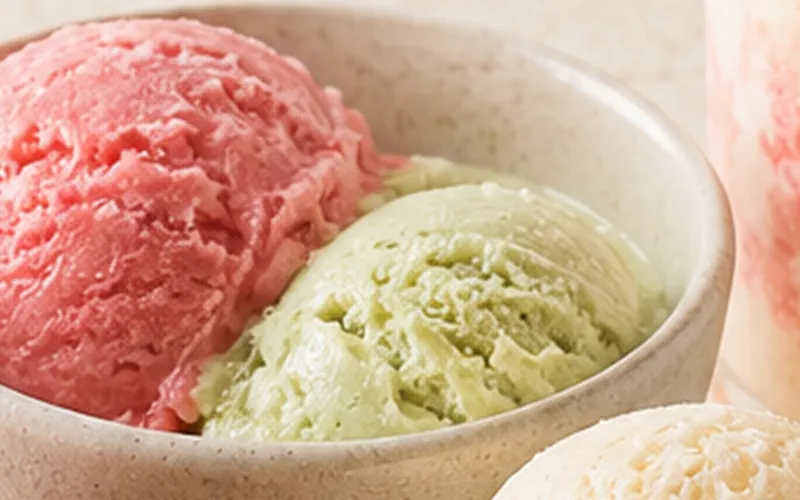 Helado cremoso de fresa y de pistacho en un tazón