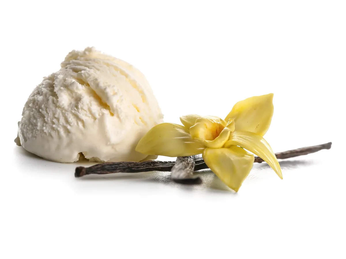 Bola de helado de vainilla con una flor de vainilla y sus vainas